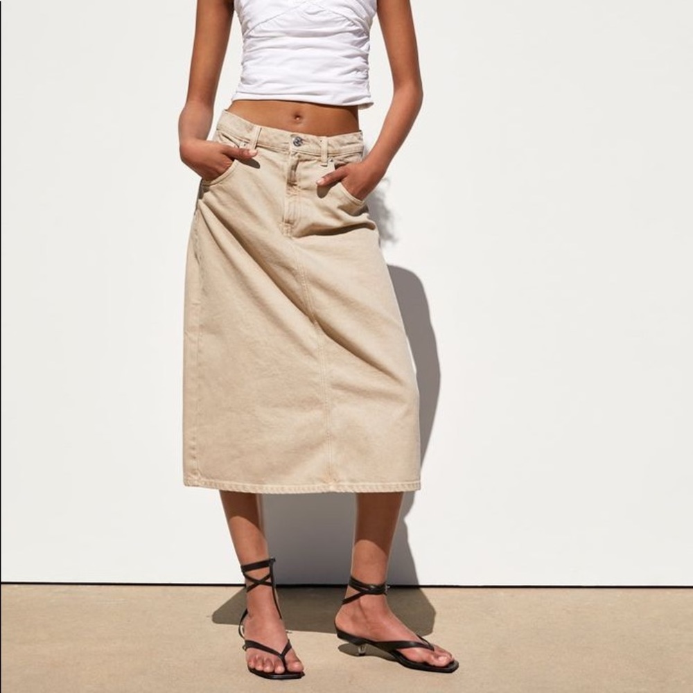 Zara beige denim midi skirt